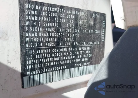 2017 Volkswagen Tiguan 2.0T S from USA, damaged, VIN WVGBV7AX4HK004644